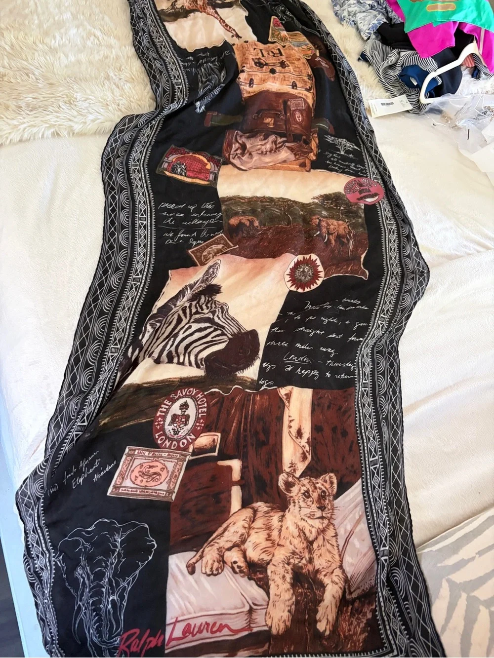 Vintage Ralph Lauren collection safari long scarf shawl zebra postcards